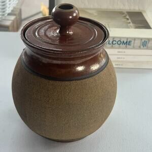Art Studio Pottery Handmade Stoneware Lidded Storage Jar Artist Signed Brown Vtg